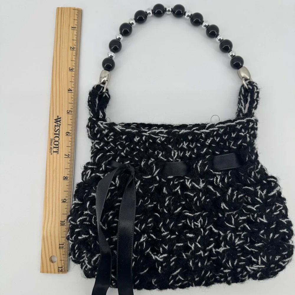 Black & White Crochet Beaded Handle Purse Ribbon‎ Detail Handbag Evening Bag